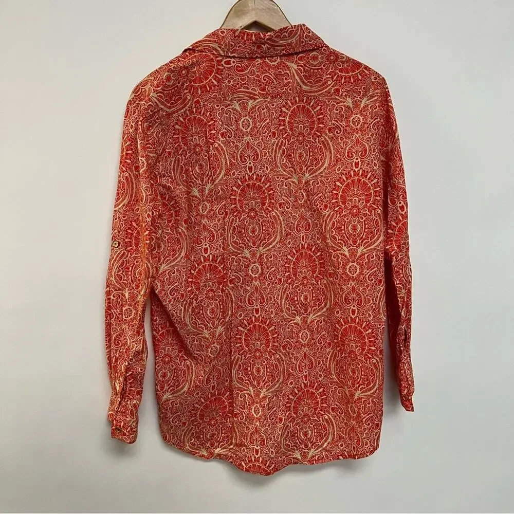 Michael Kors Paisley Print Button Down Shirt Long Sleeve 100% Cotton Orange M